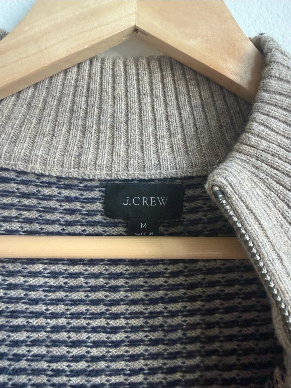J.Crew Rugged Merino Birdseye Half Zip Sweater Tan Navy Men's Medium